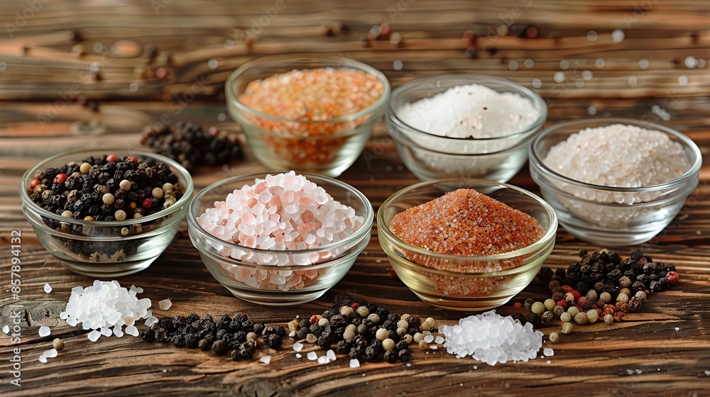 Poster a close-up view of various salts and peppercorns in glass bowls and jars, arranged on a rustic woode