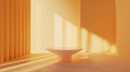 Fototapeta premium Yellow and White Room with Round Table in Ray Tracing Style, Featuring Light Orange Tones and Realistic Light and Shadow, Embodying Graceful Balance and Zen Minimalism