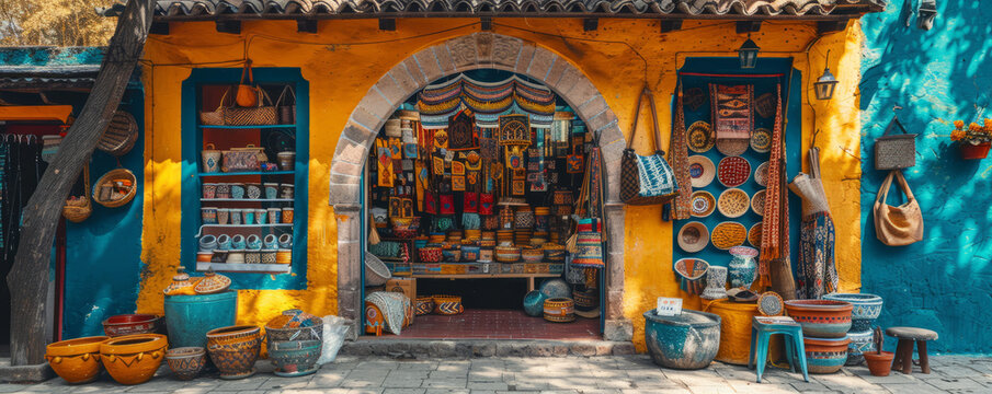 A street vendor selling handmade crafts from a colorful market stall, showcasing unique and artisanal items.