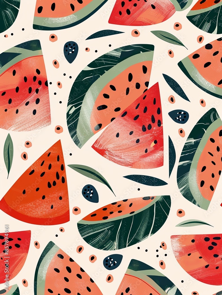 Poster A close-up image of a repeating pattern featuring watermelon slices, seeds, and green rinds on a light background. Generative AI