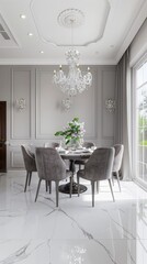 A contemporary dining room with a large round table, grey upholstered chairs, and a crystal chandelier. The room has a view of a swimming pool through large windows