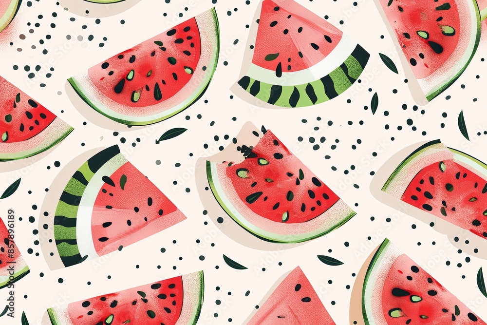 Leinwandbilder A vibrant image featuring multiple slices of watermelon with black seeds and green rinds, arranged in a repeating pattern on a white background. Generative AI