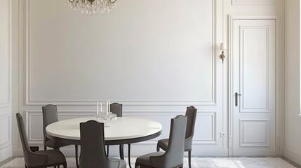 A contemporary dining room with a large round table, grey upholstered chairs, and a crystal chandelier. The room has a view of a swimming pool through large windows
