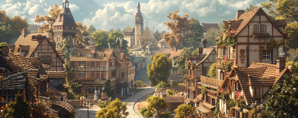 Fototapeta premium A quaint village scene with a charming town square and historic buildings.