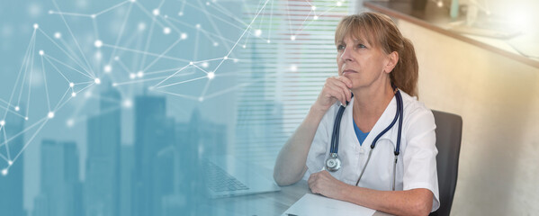 Portrait of thoughtful female doctor; panoramic banner