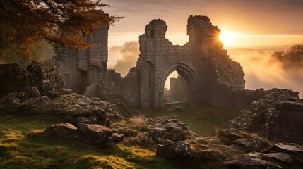 Ancient castle ruins at dawn with rolling mist