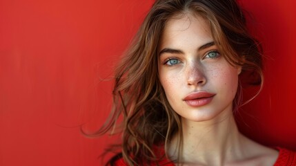 Naklejka premium Intense Gaze of Beautiful Woman in Half Body Portrait Against Bold Red Background with Natural Light