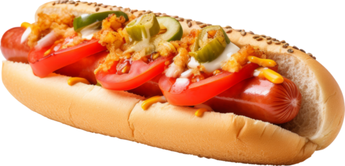 hotdog with sauce and pickle isolated on white or transparent background,transparency 