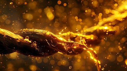 A black metal cable is wrapped in yellow liquid with golden light shining on it and the dark brown background. The scene features highcontrast closeup shots of cables and light effects with dynamic
