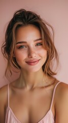 Fototapeta premium Radiant Portrait of a Smiling Woman on Soft Pink Background with Natural Light