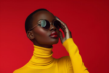 A black woman with short hair and round sunglasses, wearing an amber sweater, holds her hand to the camera while showing one of her yellow nails against a red background