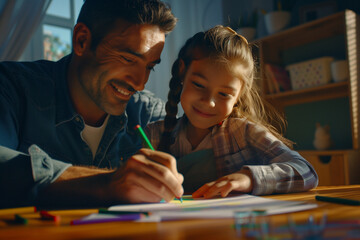 Happy little girl drawing on white paper with crayons, while her father watches and smiles at his daughter's work