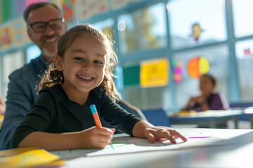 Happy little girl drawing on white paper with crayons, while her father watches and smiles at his daughter's work