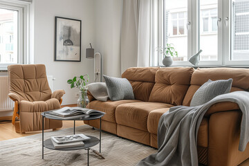 photo of brown sofa and recliner chair with plants in a scandinavian clean and minimalist living room apartment and design interior furniture