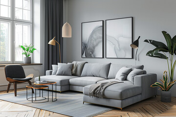 photo of grey sofa and recliner chair with plants in a scandinavian clean and minimalist living room apartment and design interior furniture