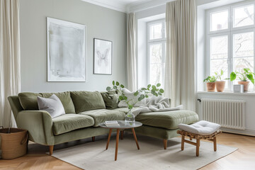 Fototapeta premium photo of green sofa and recliner chair with plants in a scandinavian clean and minimalist living room apartment and design interior furniture