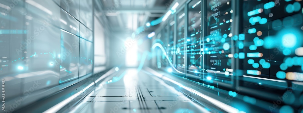 Poster a futuristic data center with transparent screens and holograms displaying blue glowing lines and co