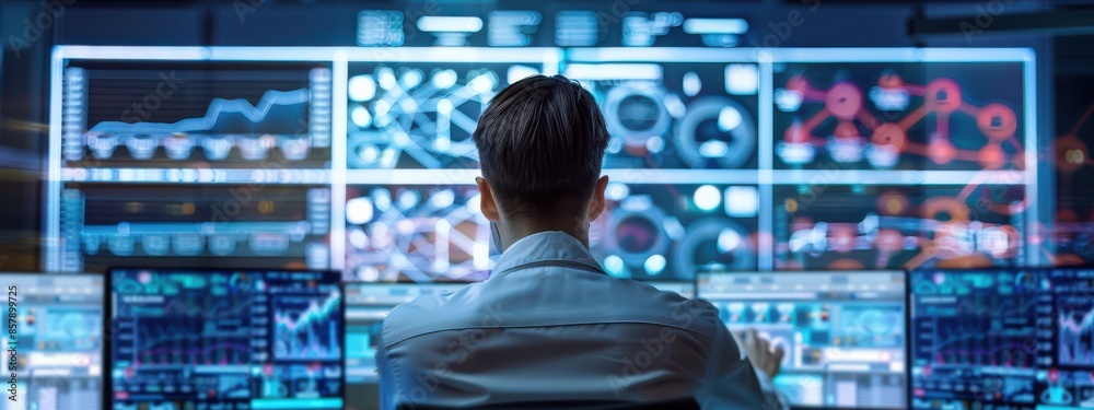 Poster a high-tech control room with engineers monitoring digital twins of machinery, overlaid with mathema