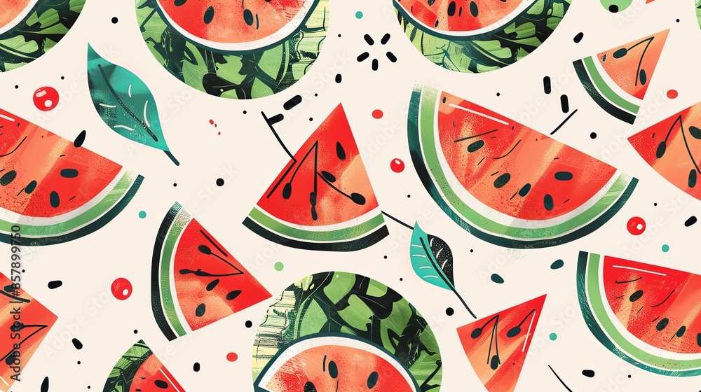 Poster a close-up image of red watermelon slices, seeds, and green rinds against a light background. genera