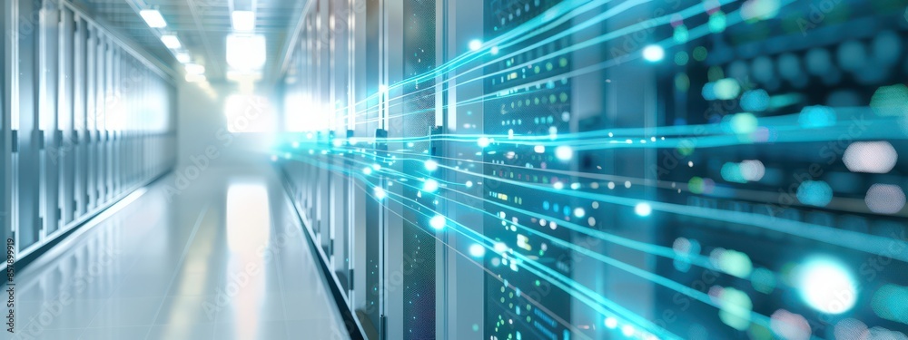 Poster a high-tech server room with rows of servers, glowing blue lines of data flowing between them. the s