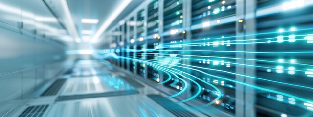 A high-tech server room with rows of servers, glowing blue lines of data flowing between them. The scene is set in a clean environment with gray and white tones, highlighting the advanced technology.
