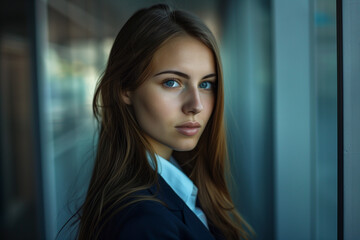 portrait of a young and beautiful business woman woman wearing a suit in a modern office