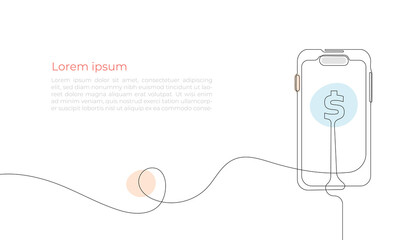 Web Banner Digital payment and wallet one continuous line design.