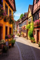 Fototapeta premium Colorful buildings and flowers on European street