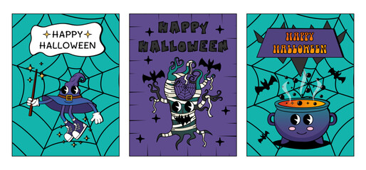 Set of Halloween posters in a retro style with groovy cartoon characters. Character witch hat, spooky tree and witch's cauldron. Vector illustration