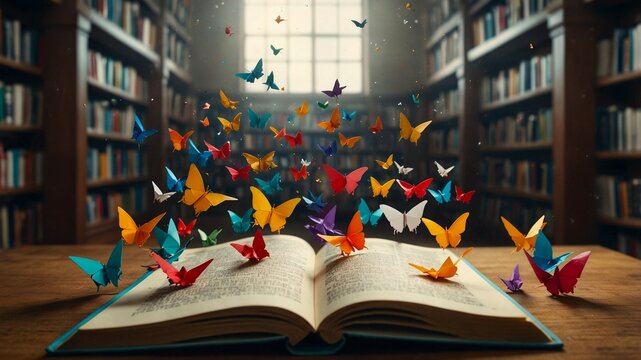 Knowledge and fantasy concept featuring an open book with colorful origami butterflies taking flight. A library setting enriches the scene, inspiring discovery and learning.	