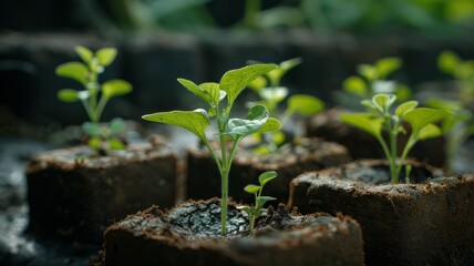 Spring seedlings in squares of land.