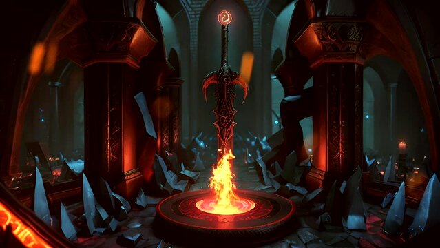 Flaming red sword standing in game style. Continuous 4K time-lapse background animation by AI.