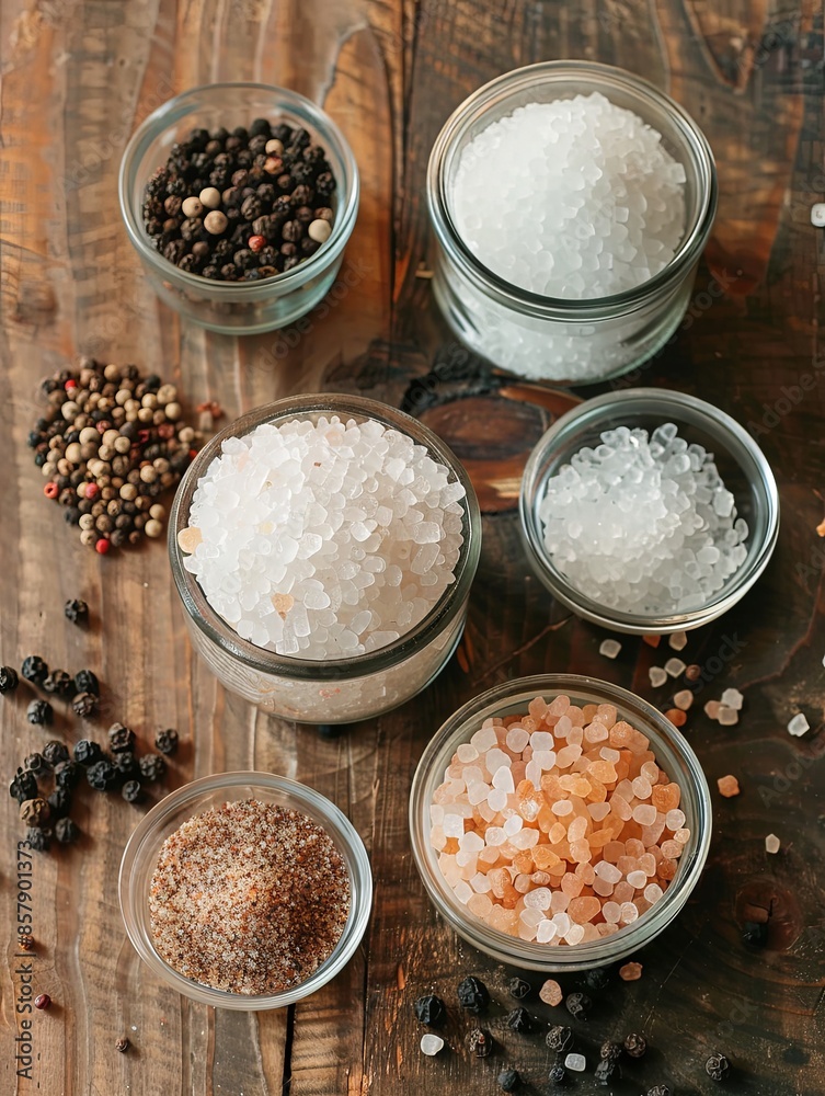 Poster An overhead view of various salts and peppercorns arranged in small glass jars and bowls on a rustic wooden table. Generative AI