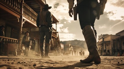 Tense duel in a dusty old western town with cowboy gunslingers facing off