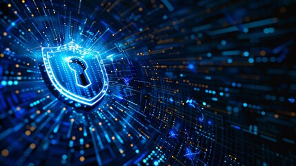 Depicts a cybersecurity concept with global network security technology, where business people protect personal information, utilizing encryption symbolized by a padlock icon on a virtual interface.