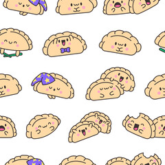 Cute kawaii dumpling. Seamless pattern. Cartoon Chinese food characters. Hand drawn style. Vector drawing. Design ornaments.