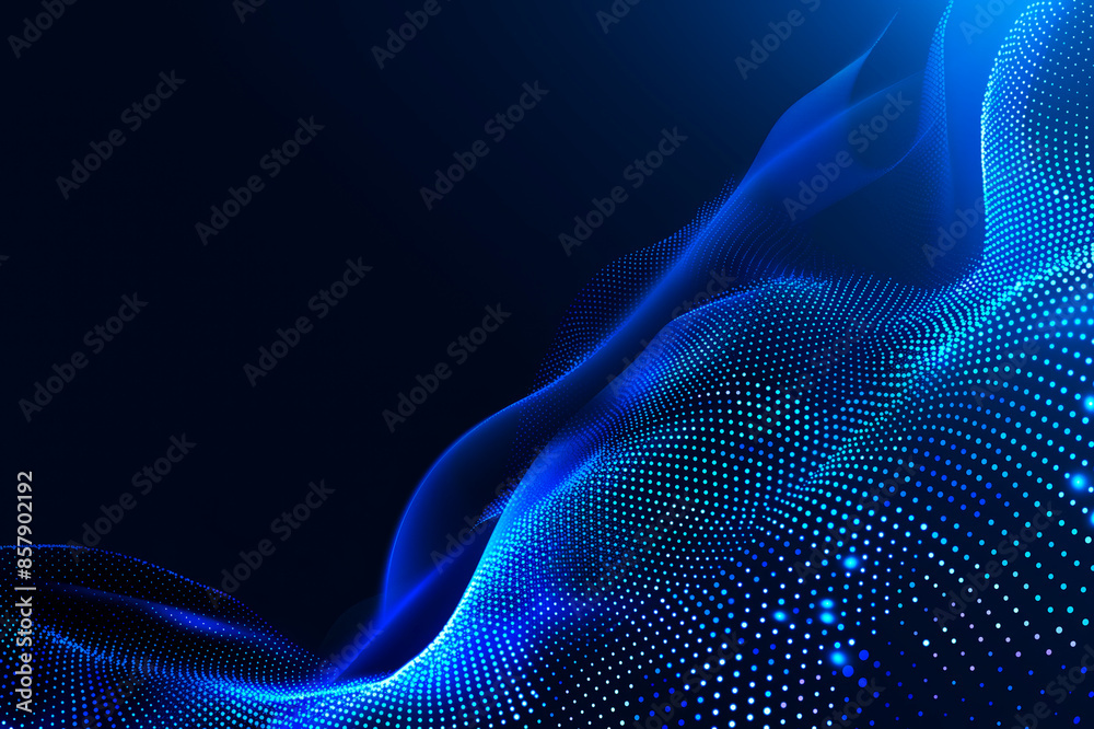 Poster Abstract blue wavy particle design on dark background, concept of digital technology. Generative AI