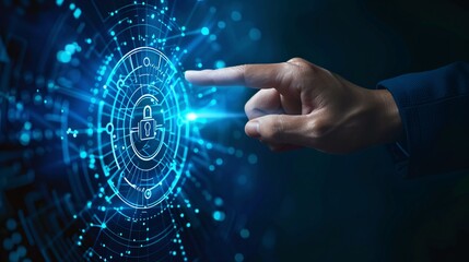 Depicts a cybersecurity concept with global network security technology, where business people protect personal information, utilizing encryption symbolized by a padlock icon on a virtual interface.
