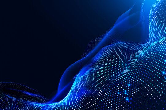 Abstract blue wavy particle design on dark background, concept of digital technology. Generative AI