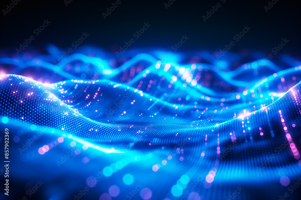 Aufkleber An abstract dynamic wave pattern with sparkling dots on a blue-to-black gradient background, evoking technology or connectivity concept. Generative AI