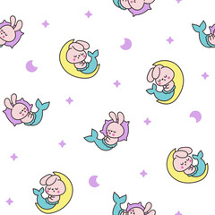 Cute kawaii bunny mermaid. Seamless pattern. Cartoon little rabbit. Fantasy animal characters. Hand drawn style. Vector drawing. Design ornaments.
