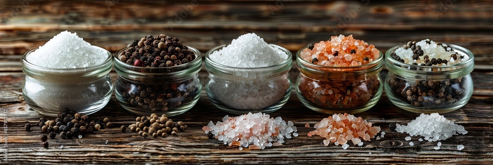 Poster an assortment of salt and pepper in glass jars and small bowls on a rustic wooden surface. generativ