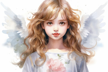 Adorable watercolor illustration of a young angelic girl with a beautiful face.