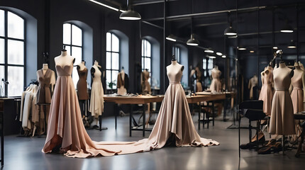 A fashion dress design studio or atelier workshop for fashion house, tailor design clothing workshop, In a cinematic perspective with copy space, and no humans

