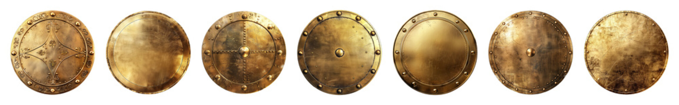 Collection of round golden metal shield isolated on a transparent background, cut-out, PNG