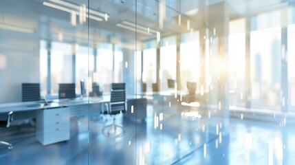 Obraz premium Blurred background light modern office with glass wall reflections, meeting computer
