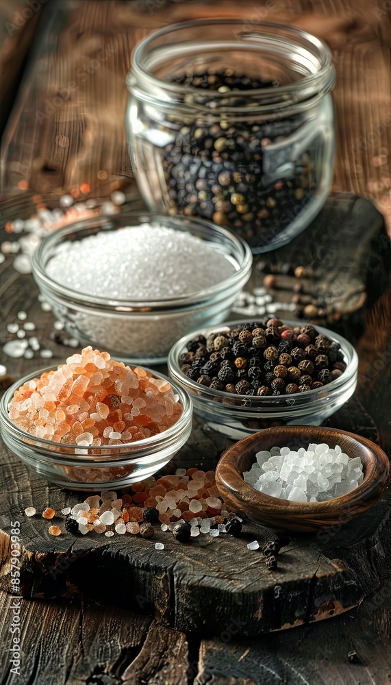 Poster a close-up shot of various salts and peppers in glass jars and bowls on a rustic wooden surface. gen