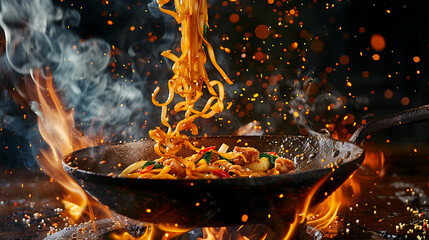 Stir fried noodle photography, close of an iron wok tossing noodle and diced onion, diced pepper in the air, flame on the background, steaming. Generative AI illustration 