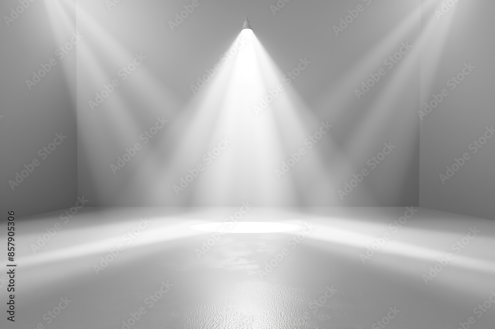 Poster A grayscale image of a spotlight illuminating an empty studio room, setting a stark, modern concept on a blank background. Generative AI