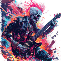 Vibrant Skull Guitarist Rocking Out, Skull Punk Rock Fantasy Art, For T-Shirt Design